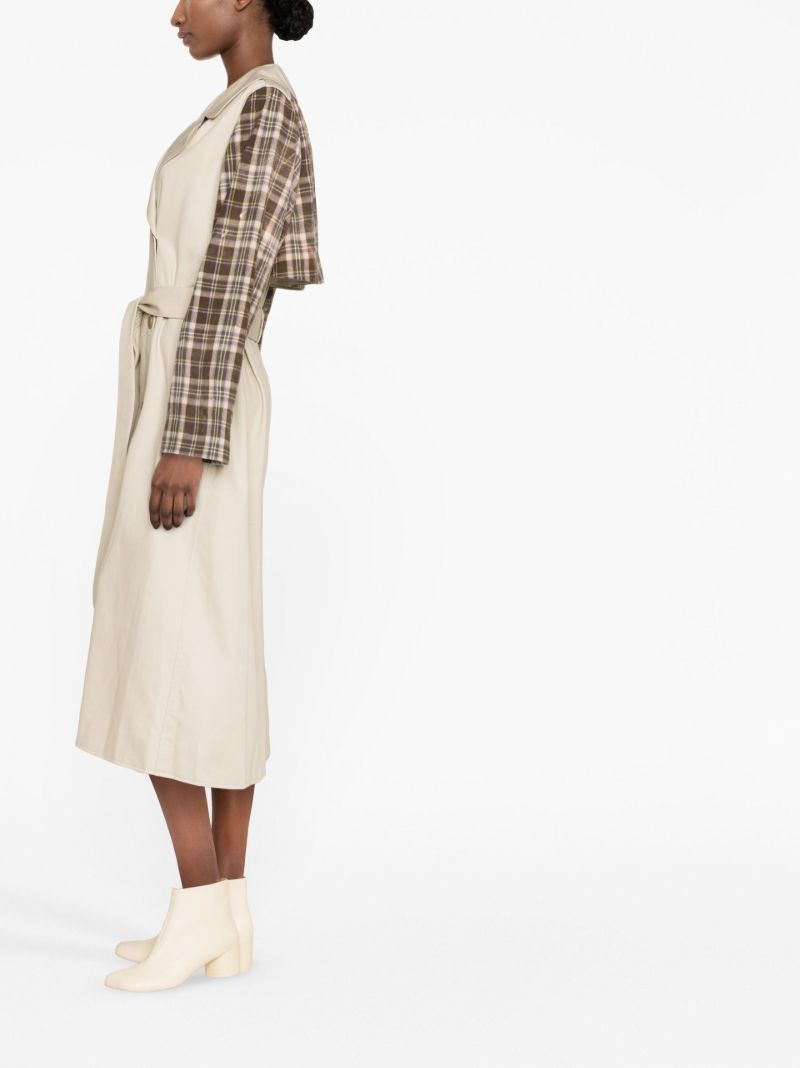 Neutral Checked Double-breasted Trench Coat