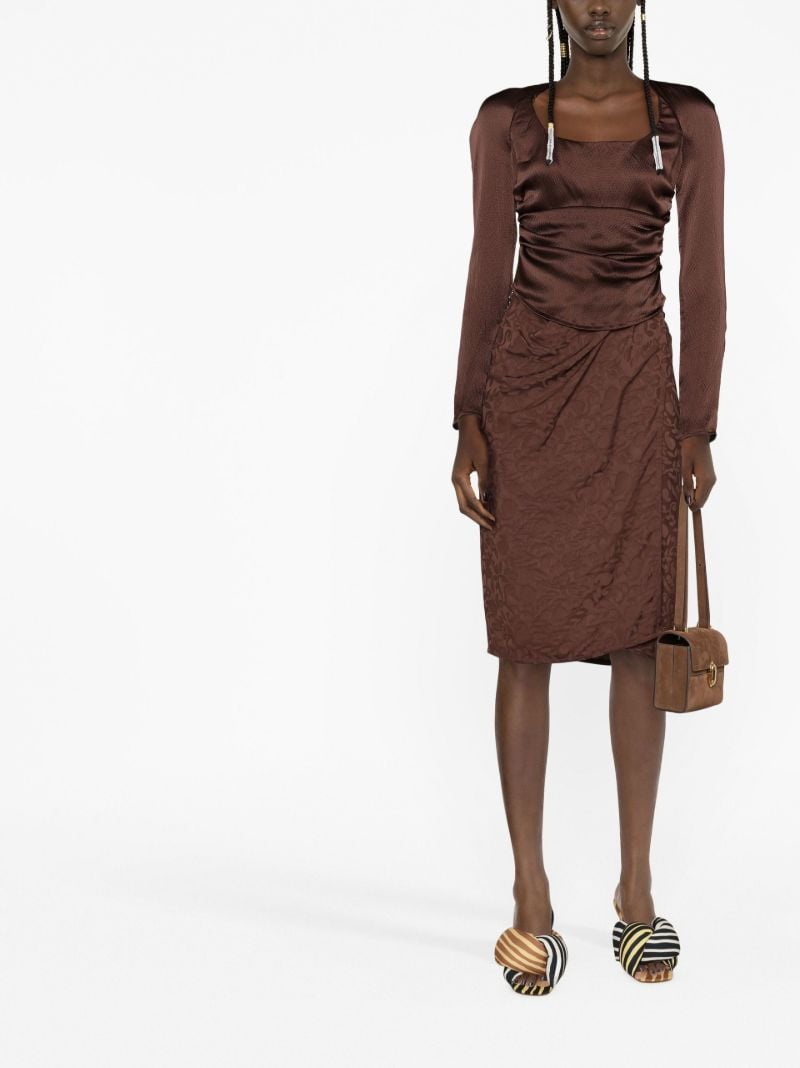 Brown Scoop Neck Ruched Silk Top