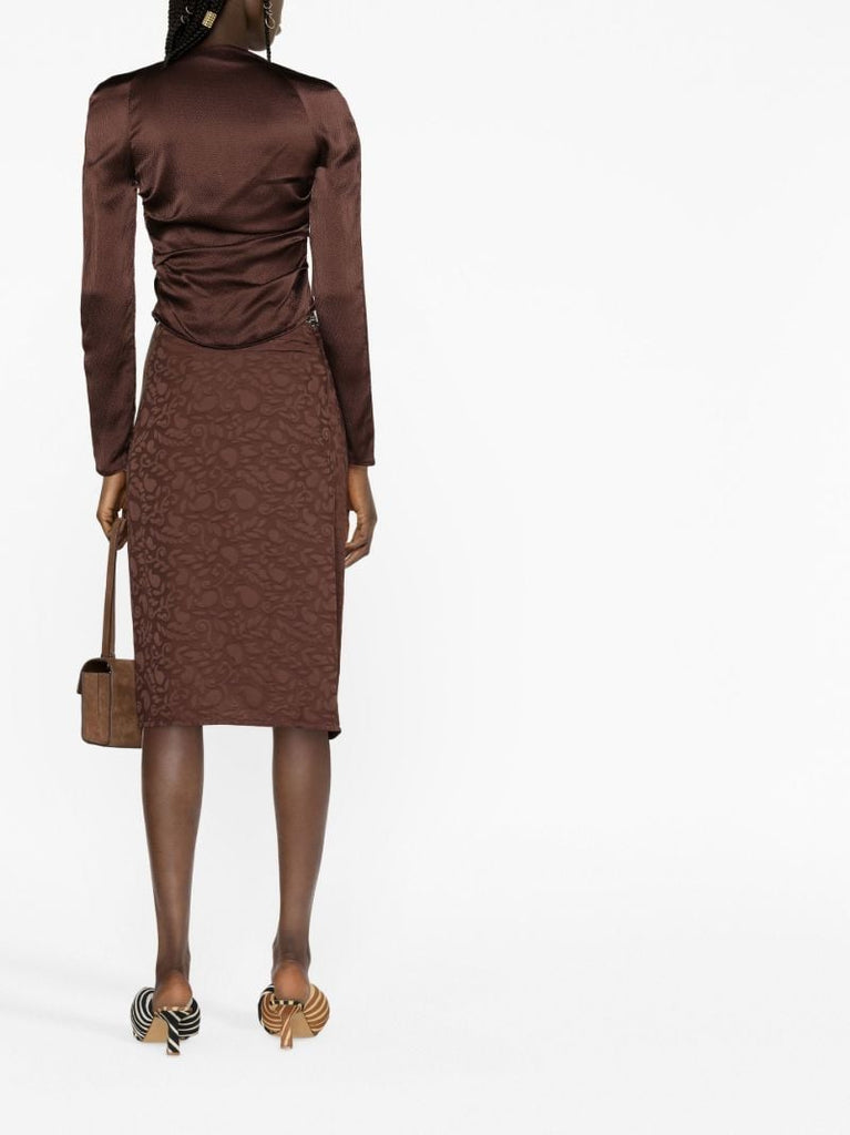 Brown Scoop Neck Ruched Silk Top