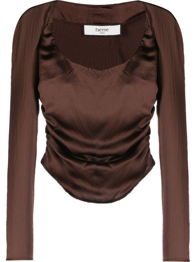 Brown Scoop Neck Ruched Silk Top