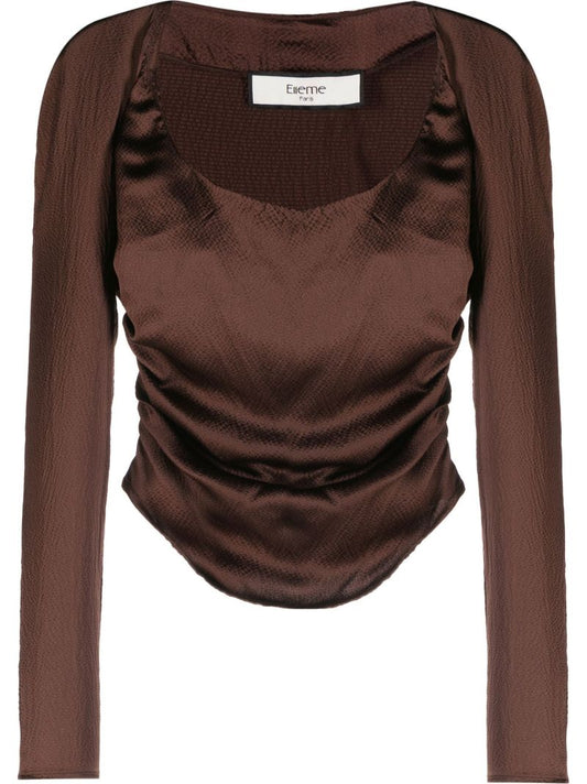 Brown Scoop Neck Ruched Silk Top