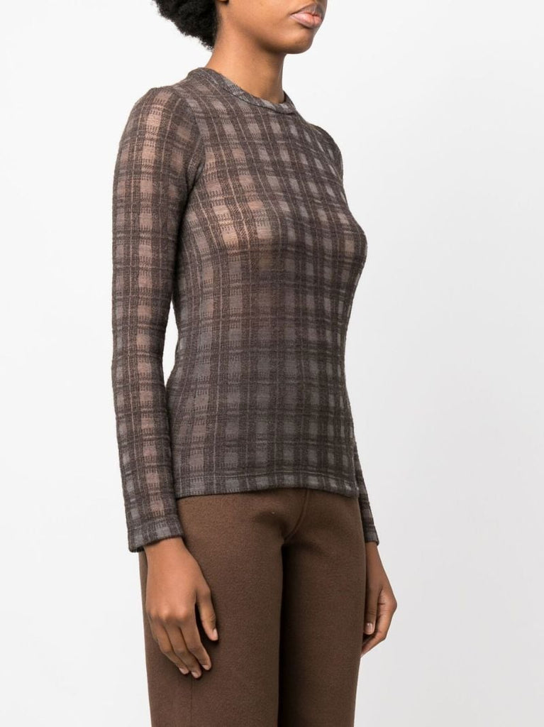 Brown Check Pattern Knit Top