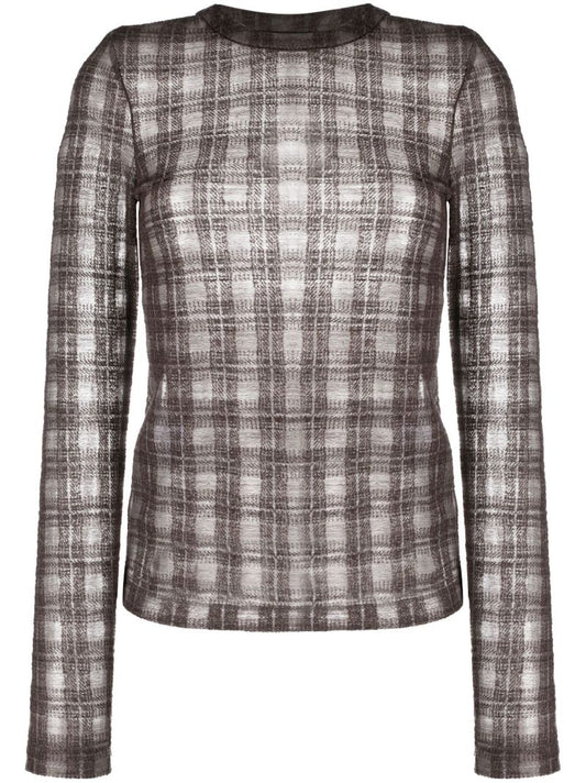 Brown Check Pattern Knit Top
