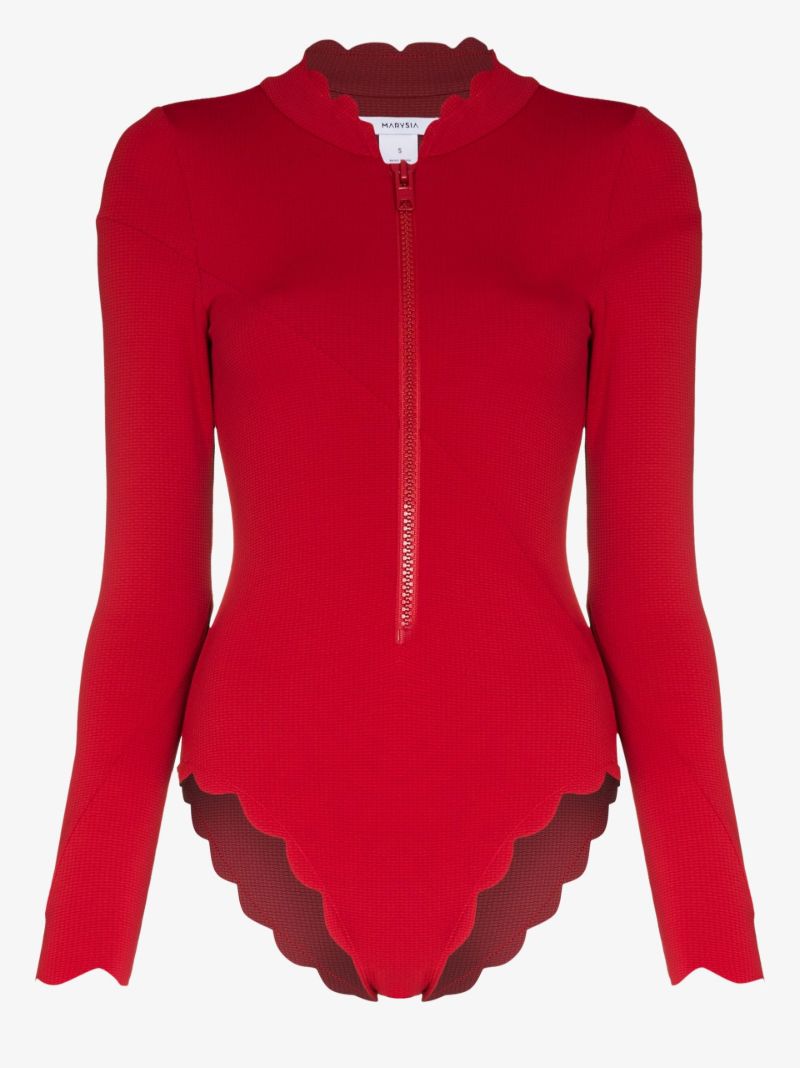 Red Scalloped Long-sleeve Swimsuit