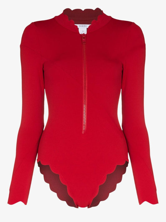 Red Scalloped Long-sleeve Swimsuit