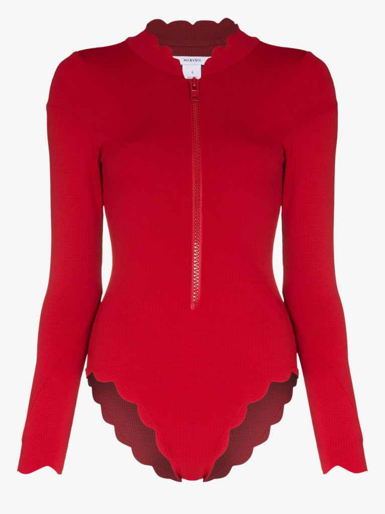 Red Scalloped Long-sleeve Swimsuit