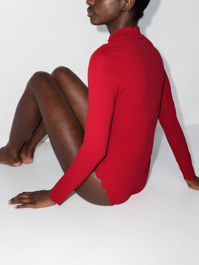Red Scalloped Long-sleeve Swimsuit