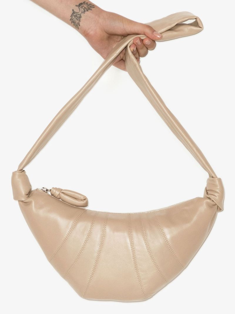 Beige Small Croissant Leather Shoulder Bag
