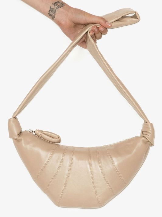 Beige Small Croissant Leather Shoulder Bag