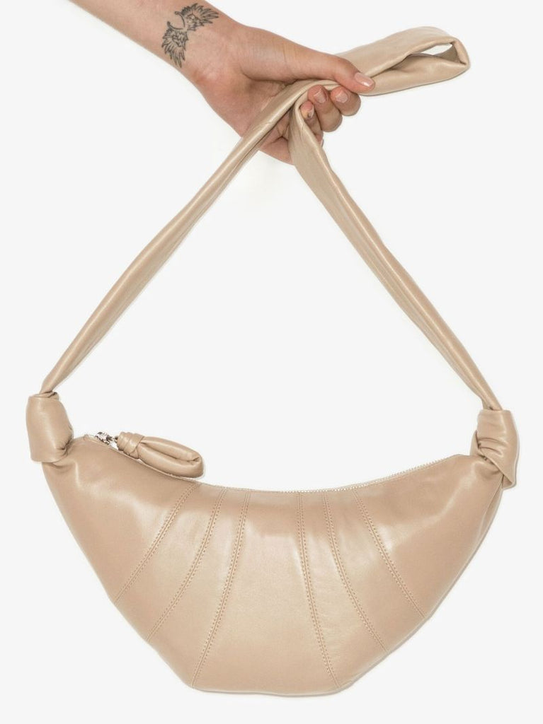 Beige Small Croissant Leather Shoulder Bag