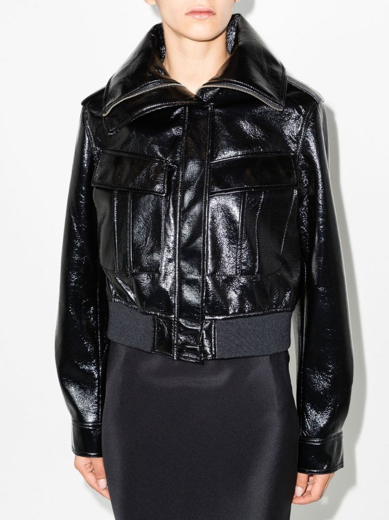 Black Glossy Funnel Neck Bomber Jacket