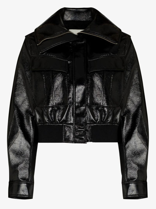 Black Glossy Funnel Neck Bomber Jacket