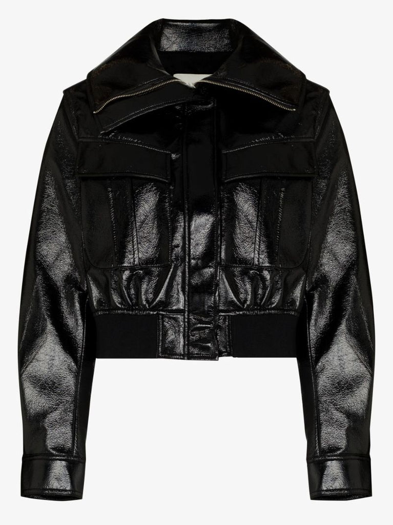 Black Glossy Funnel Neck Bomber Jacket
