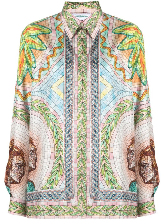 Green Mosaics Grecques Silk Shirt