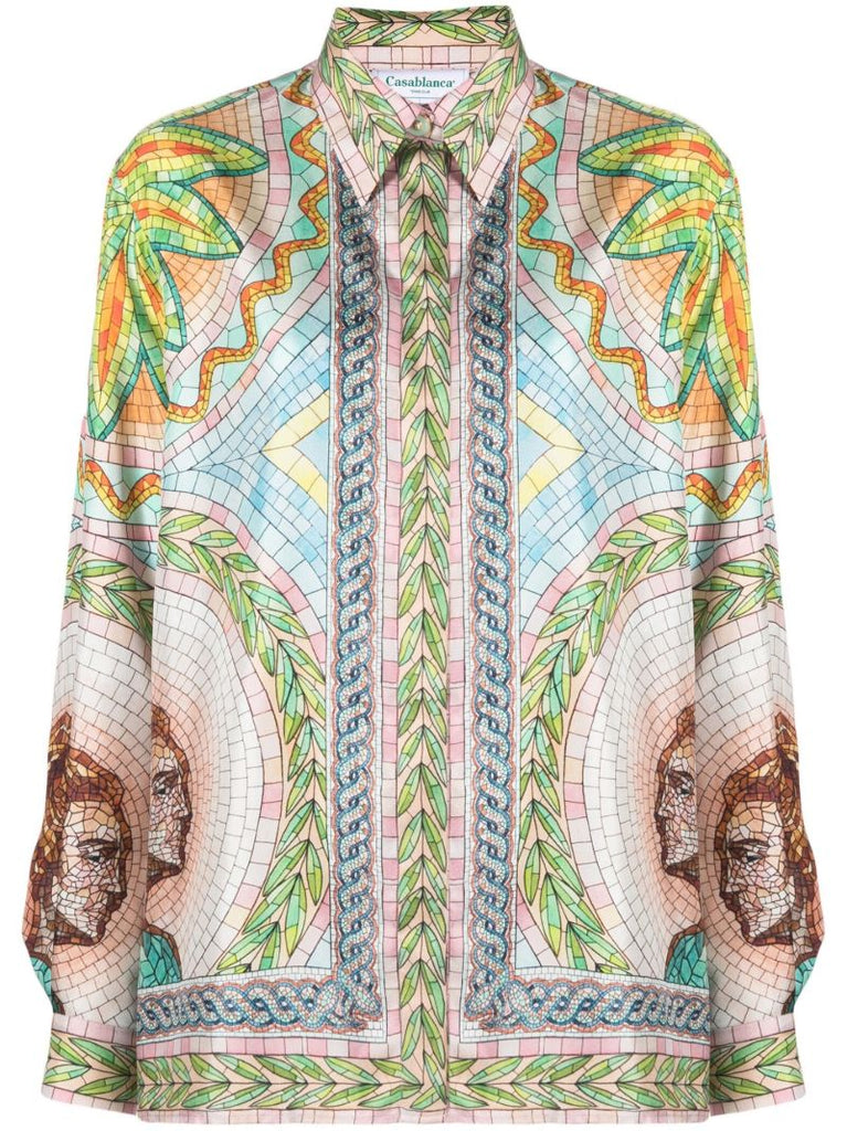 Green Mosaics Grecques Silk Shirt
