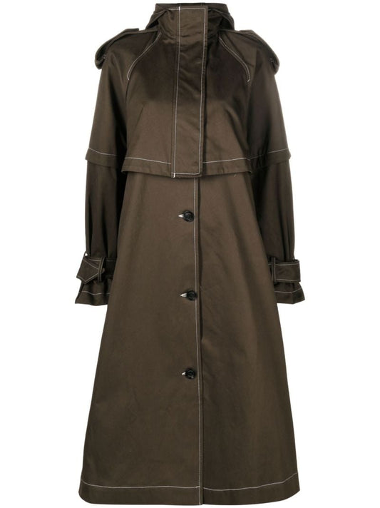 Brown Single Breasted Hooded Trench Coat