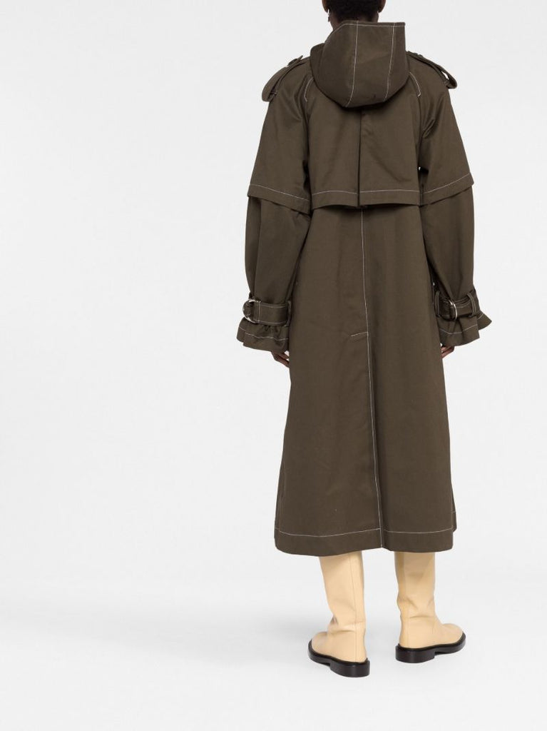 Brown Single Breasted Hooded Trench Coat