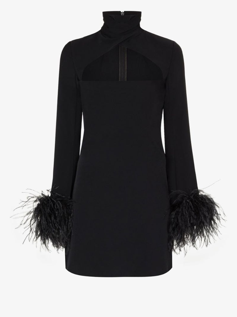 Black Odessa Cutout Feather Trim Mini Dress