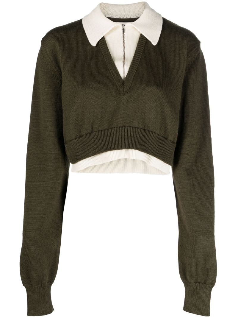 Green Zip-up Wool Cropped Sweater