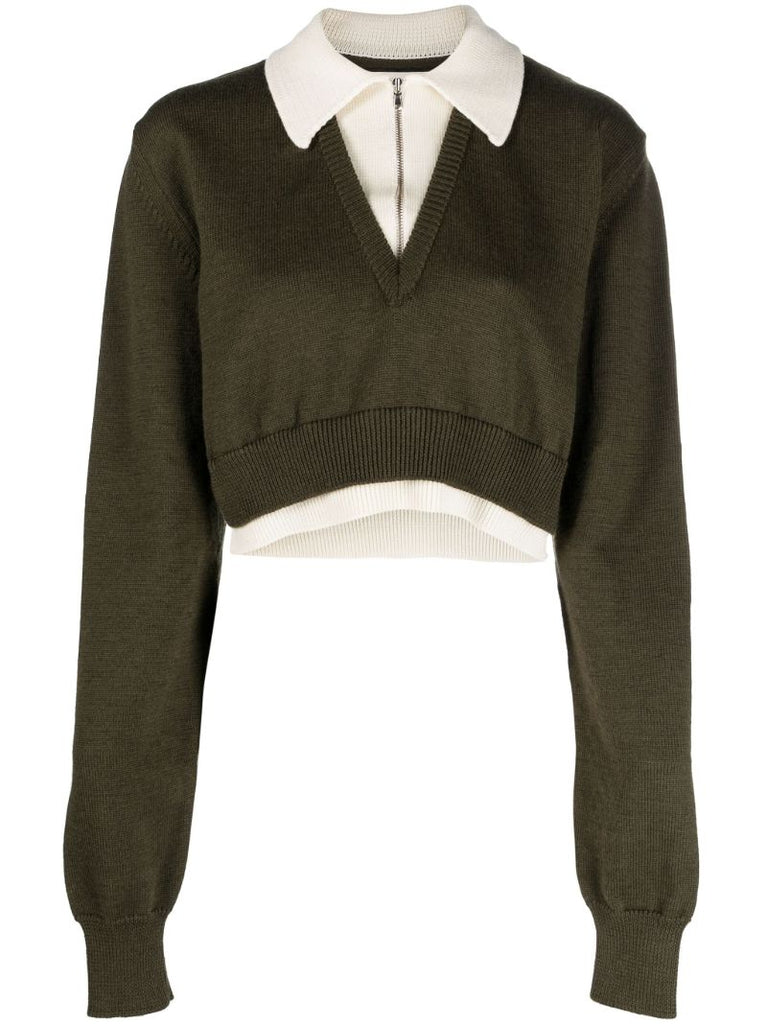 Green Zip-up Wool Cropped Sweater