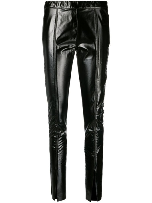 Black Front Slit Faux Leather Leggings