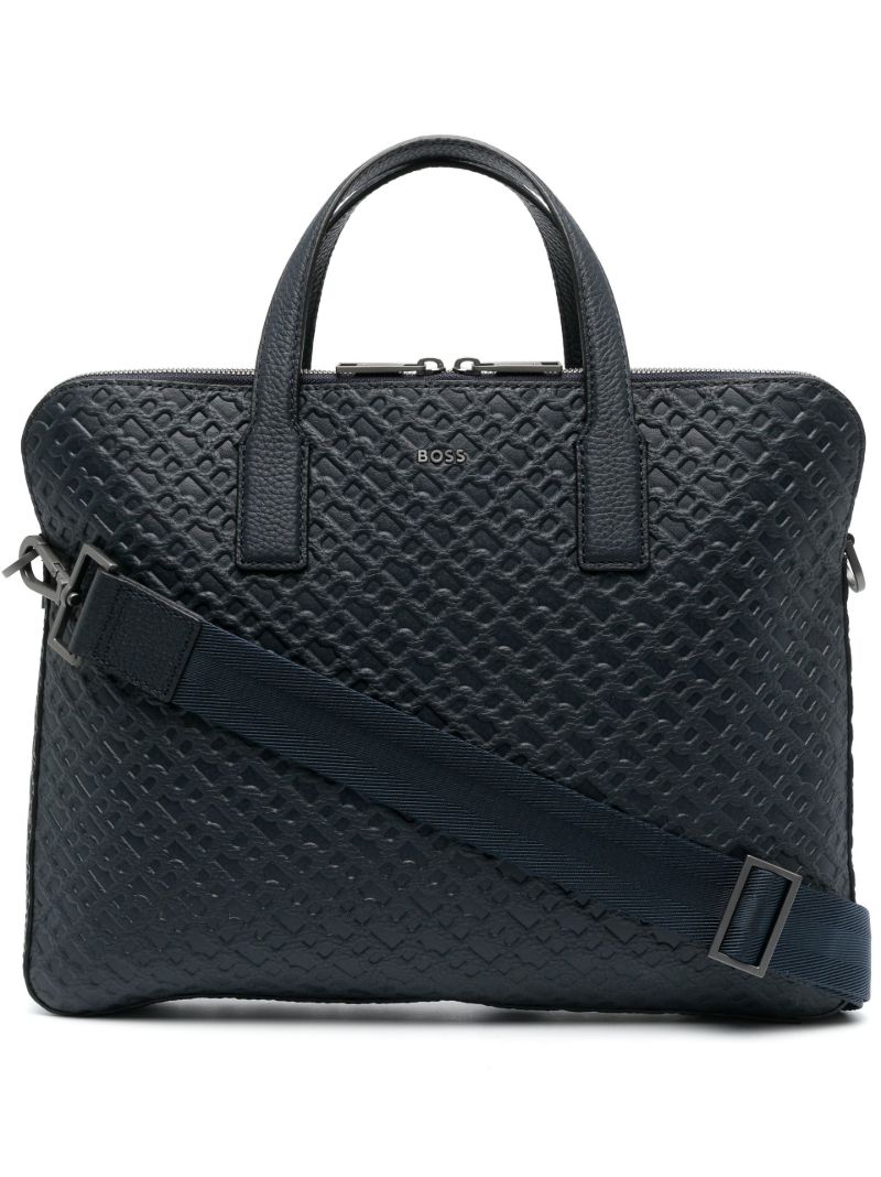 Navy Monogram Embossed Leather Briefcase