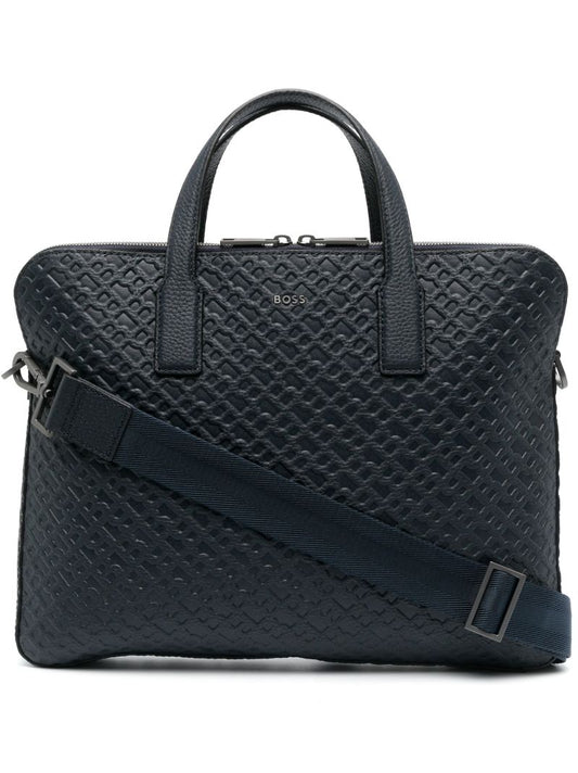 Navy Monogram Embossed Leather Briefcase