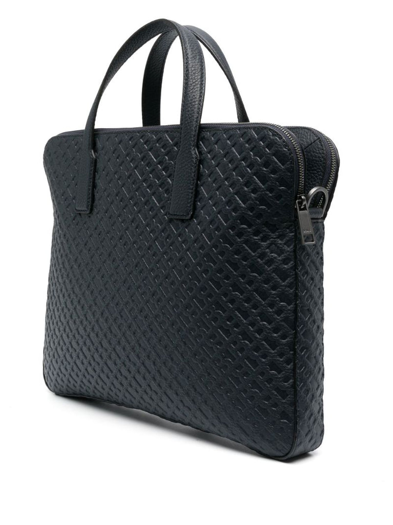 Navy Monogram Embossed Leather Briefcase