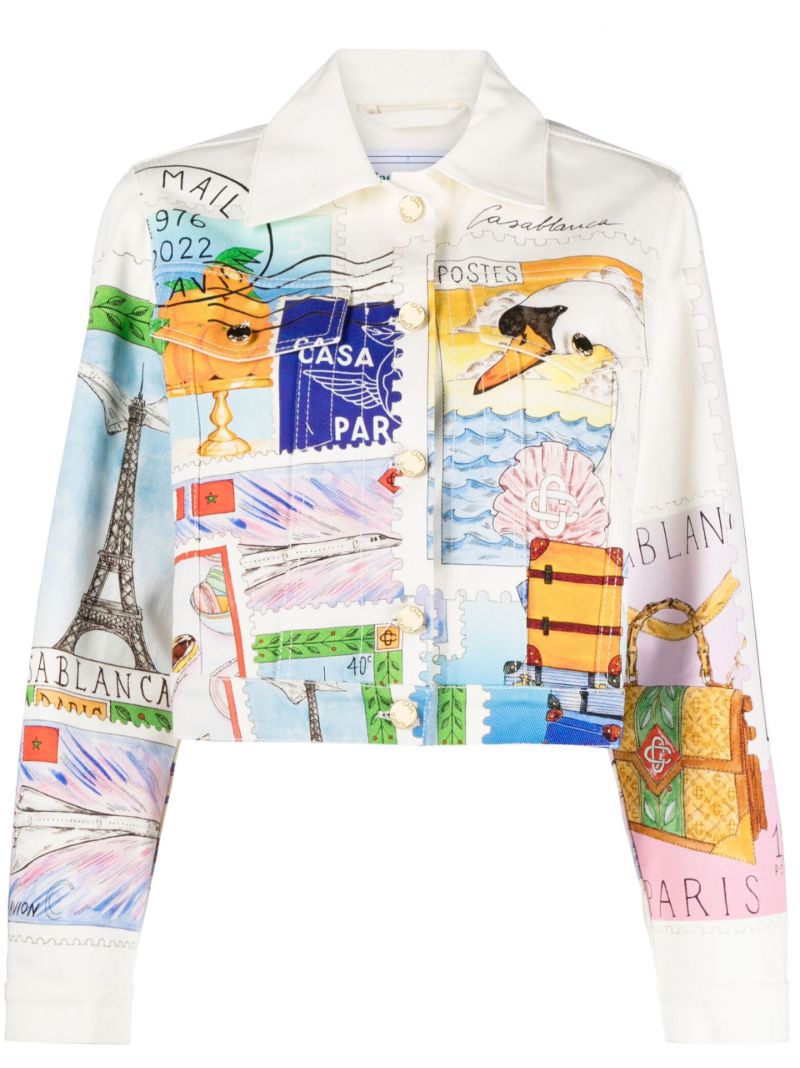White Graphic Print Denim Jacket