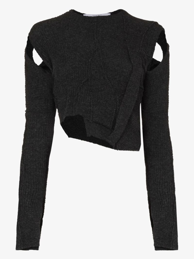 Grey Ribbon Cutout Virgin Wool Cropped Sweater