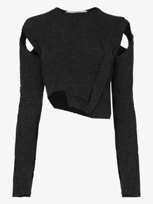Grey Ribbon Cutout Virgin Wool Cropped Sweater