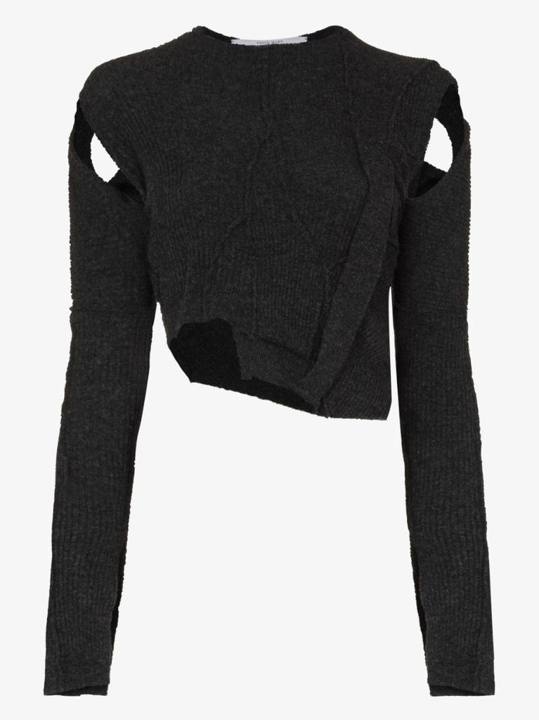 Grey Ribbon Cutout Virgin Wool Cropped Sweater
