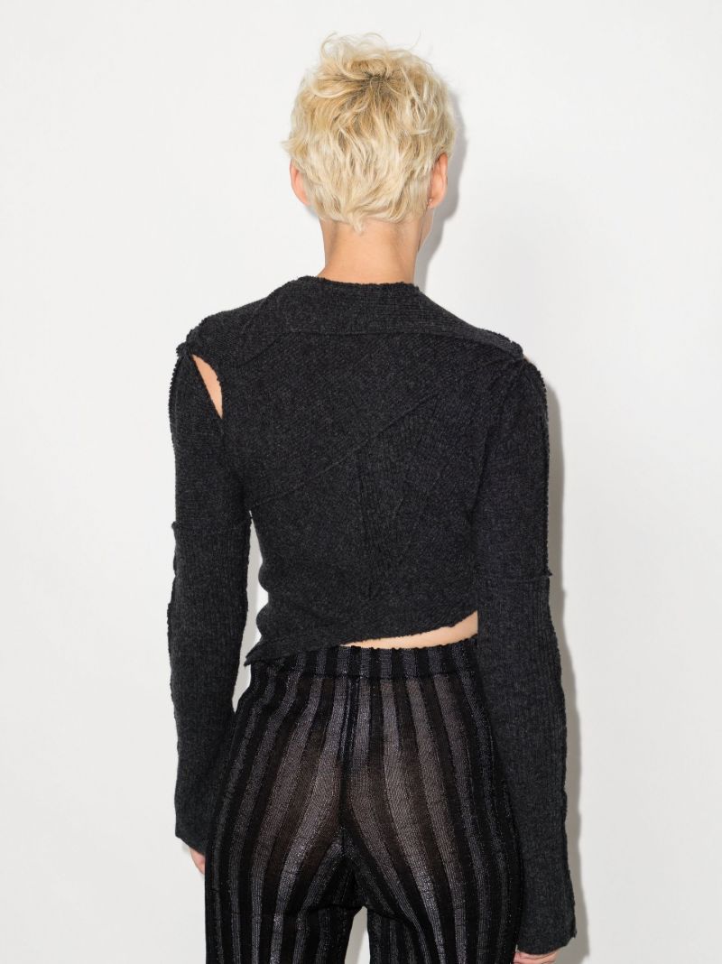 Grey Ribbon Cutout Virgin Wool Cropped Sweater