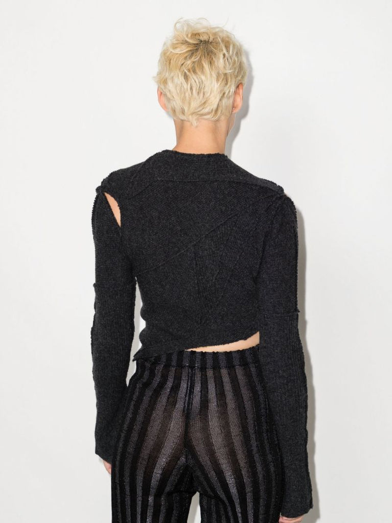 Grey Ribbon Cutout Virgin Wool Cropped Sweater