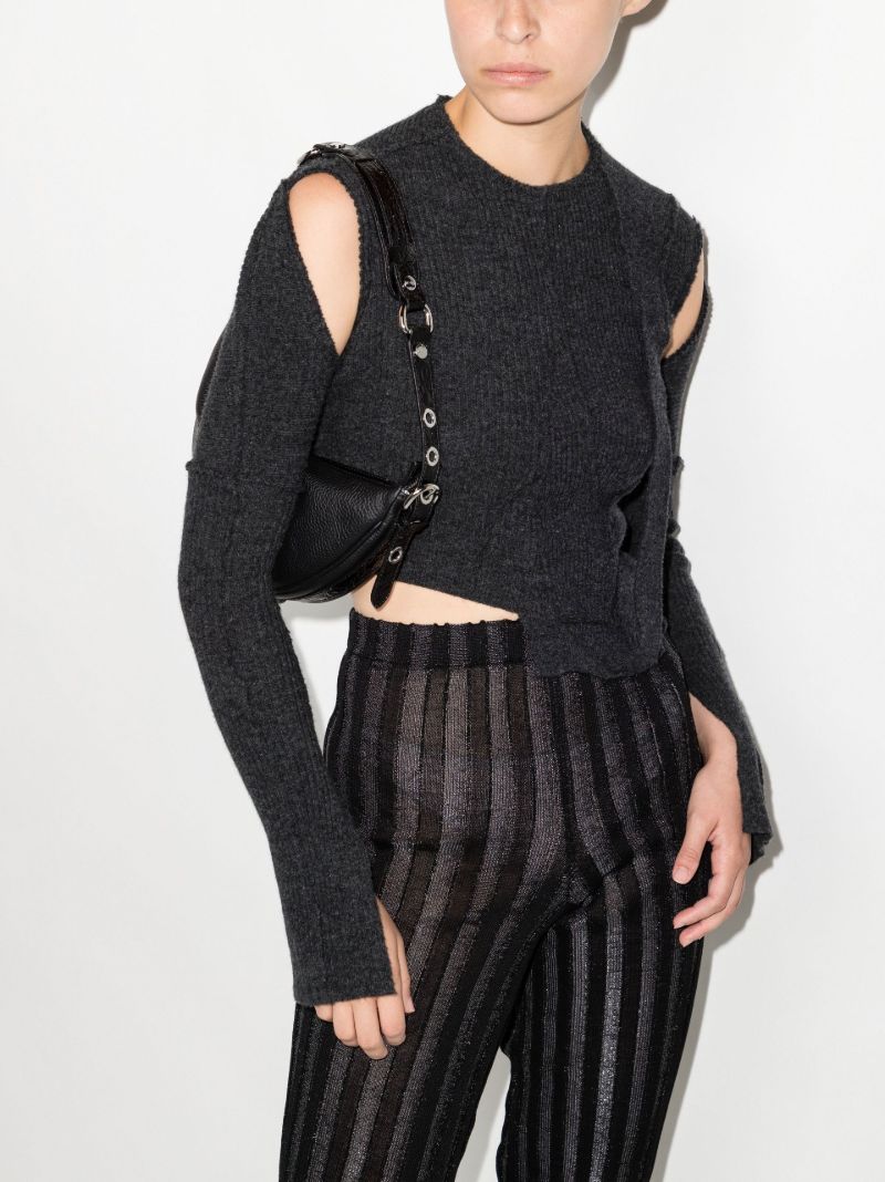 Grey Ribbon Cutout Virgin Wool Cropped Sweater