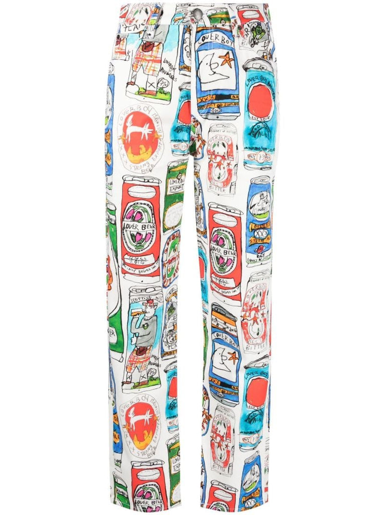 White Beer Can Print Straight-leg Jeans