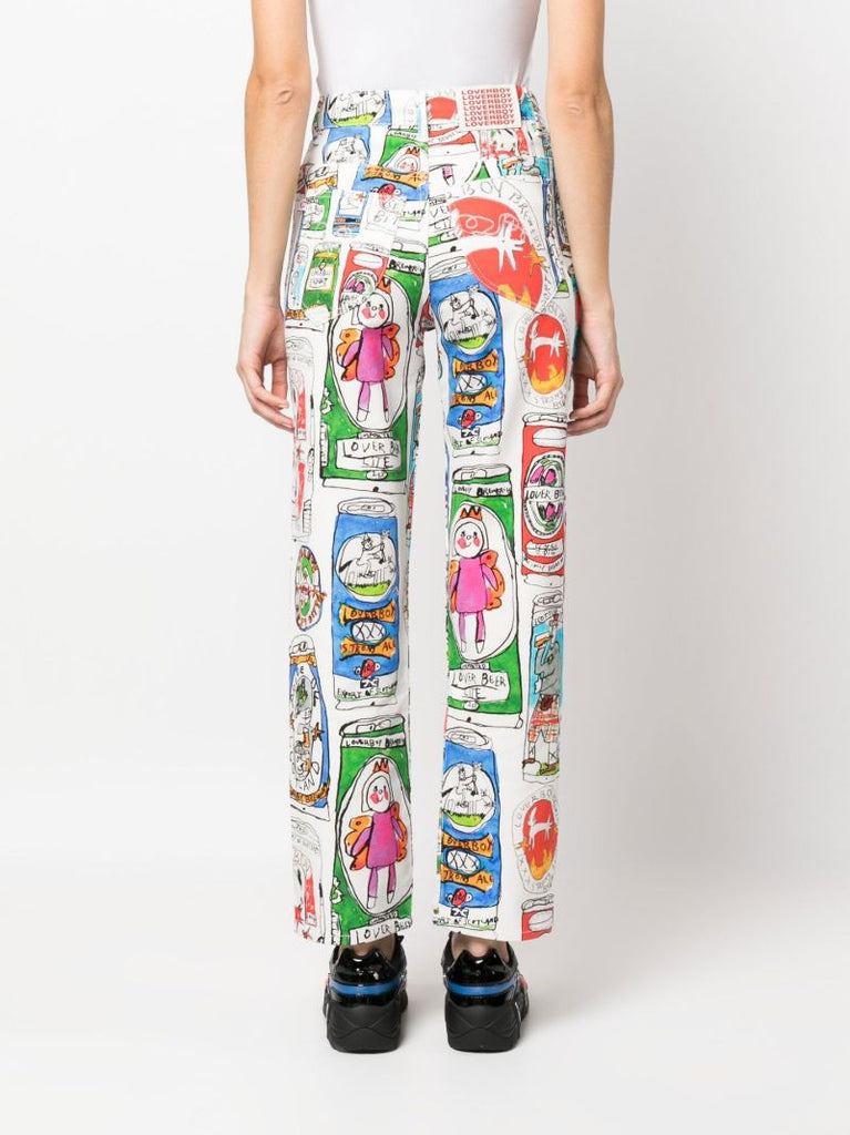 White Beer Can Print Straight-leg Jeans