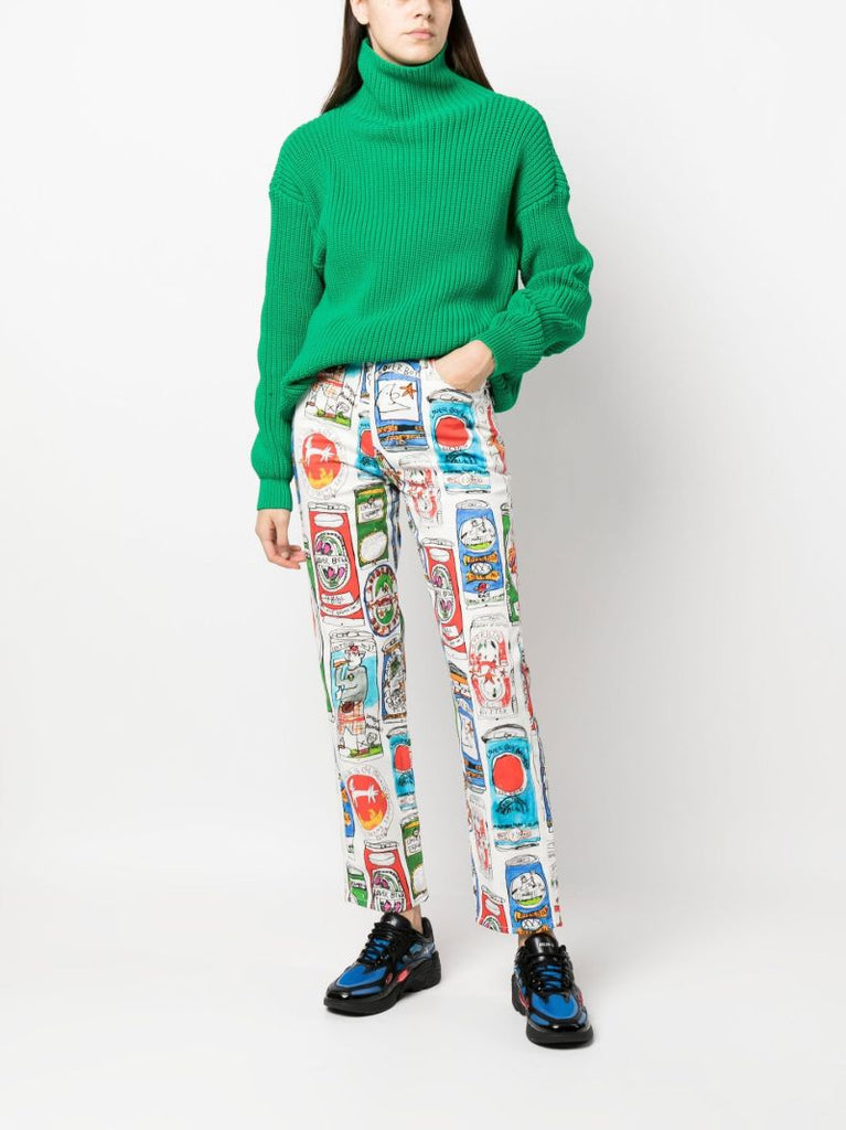 White Beer Can Print Straight-leg Jeans