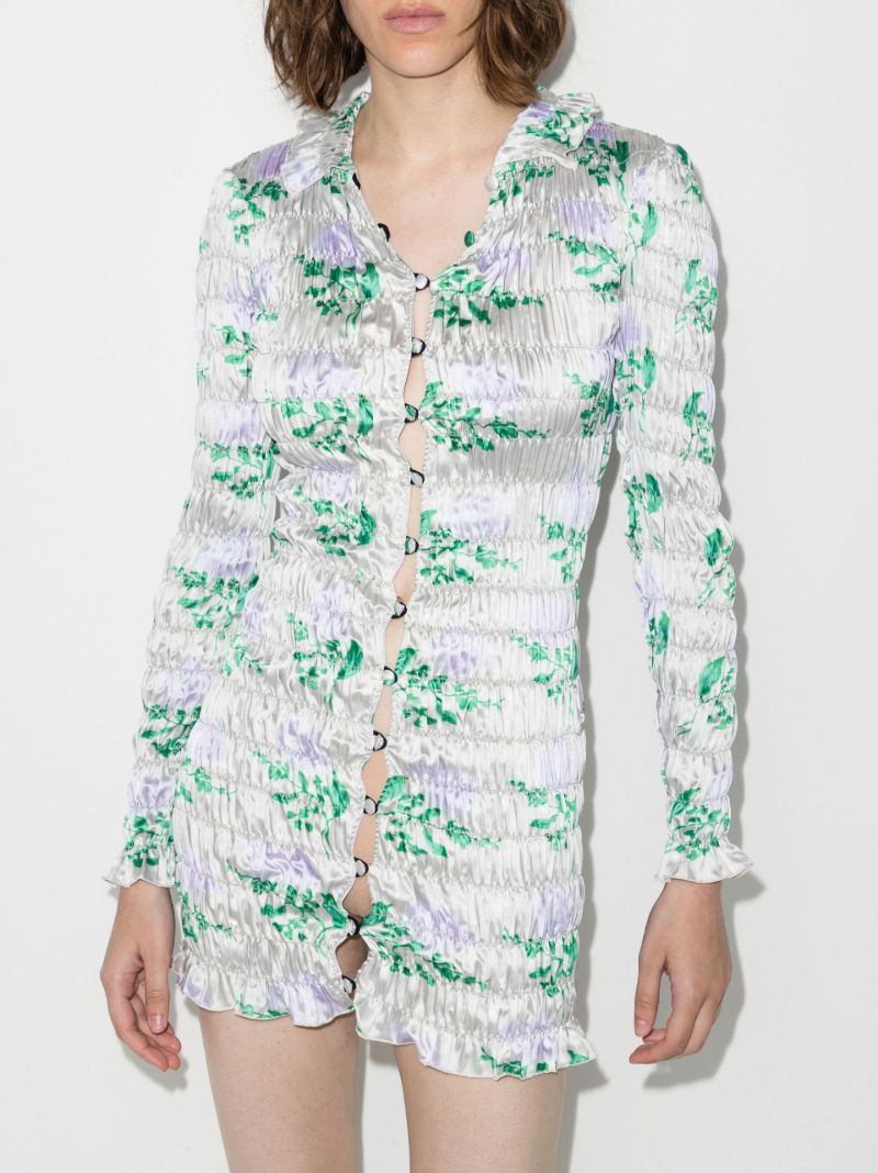 Neutral Shirred Floral Print Mini Dress