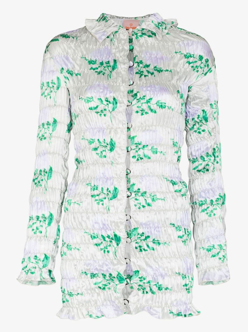 Neutral Shirred Floral Print Mini Dress