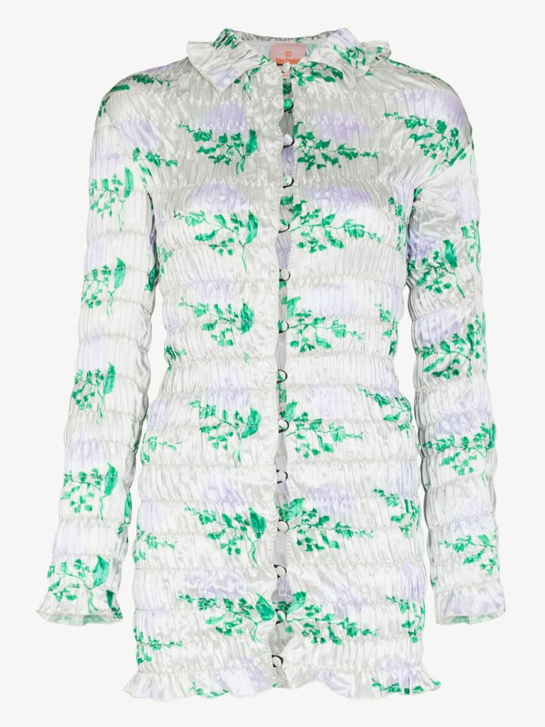Neutral Shirred Floral Print Mini Dress