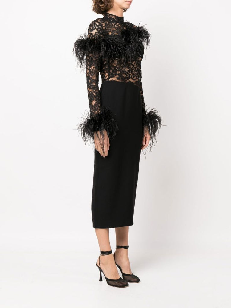 Black Feather-trimmed Lace Dress