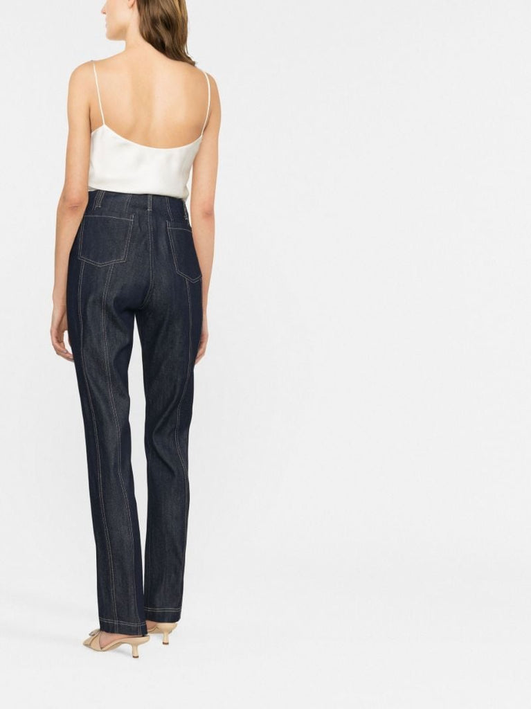 Blue Topstitched Straight Leg Jeans