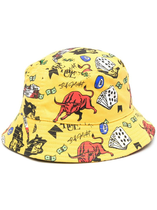 Yellow Doodle Graphic Print Cotton Bucket Hat