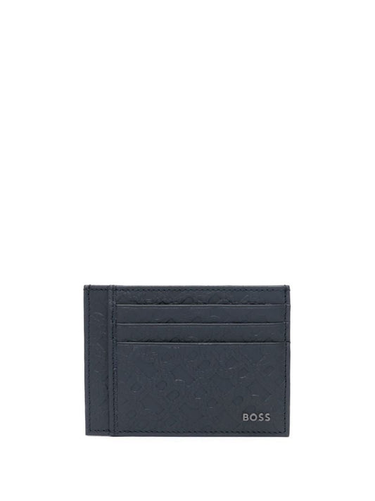 Blue Monogram Embossed Leather Card Holder