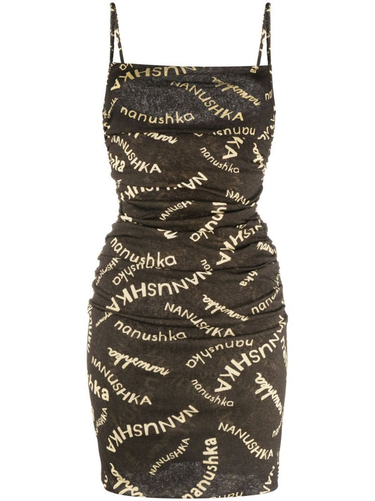 Brown Adie Logo Ruched Mini Dress