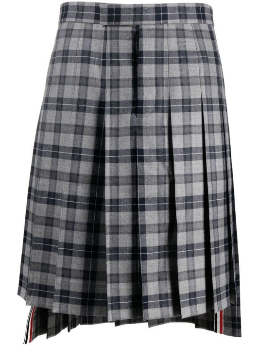 Grey Tartan Pleated Wool Skirt