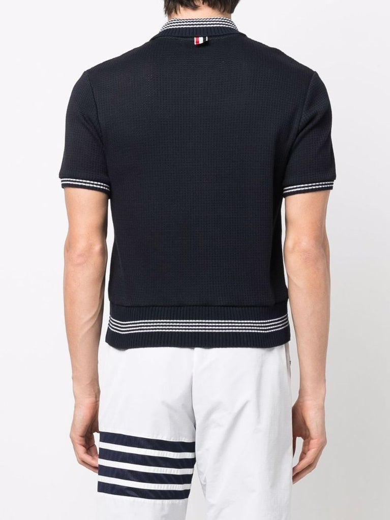 Navy 4-bar Stripe Waffle Knit Polo Shirt