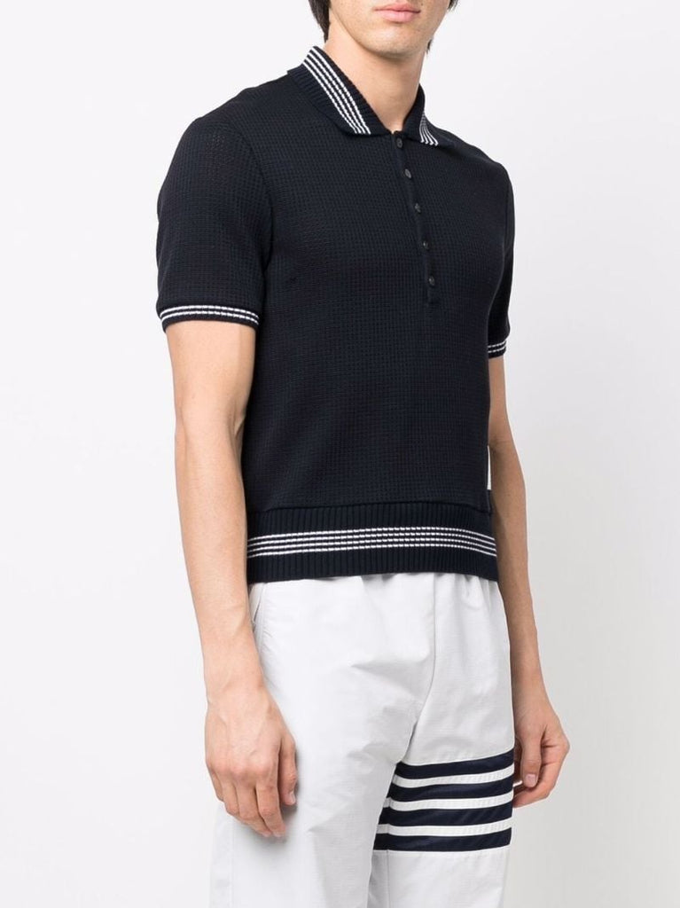 Navy 4-bar Stripe Waffle Knit Polo Shirt