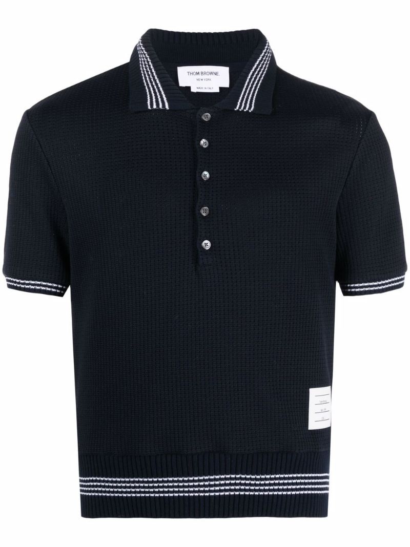 Navy 4-bar Stripe Waffle Knit Polo Shirt